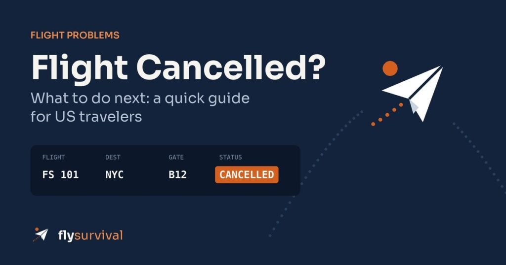 Departure board showing a cancelled flight with the title Flight Cancelled? What to do next